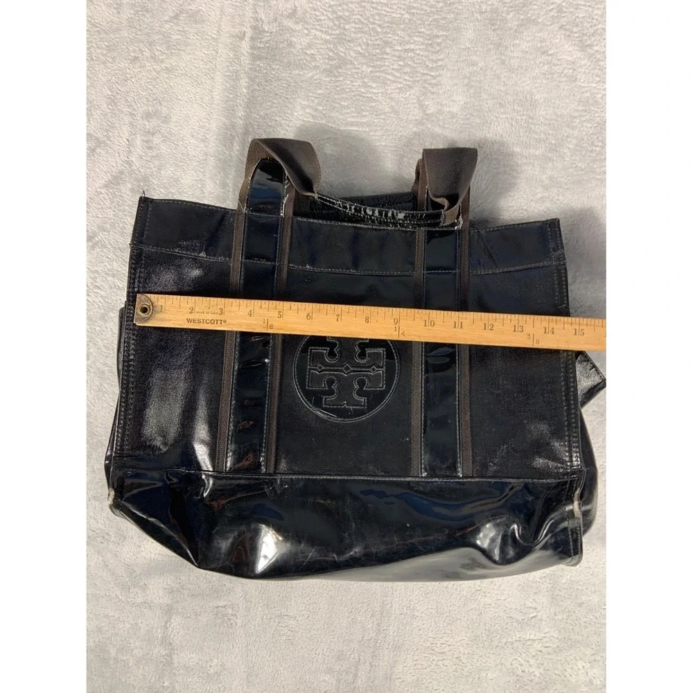 Tory Burch Ella Tote Bag Black Patent Leather Large Shoulder Logo